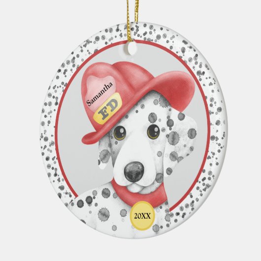キュート消防士ダルマチアパーソナライズされた子犬 セラミックオーナメント (左)