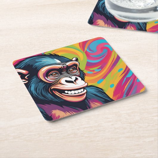 キュート熱狂するチおもしろいンパンジー スクエアペーパーコースター (アングル)
