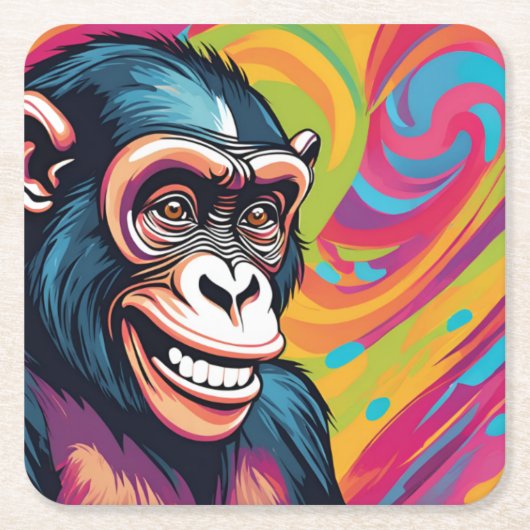 キュート熱狂するチおもしろいンパンジー スクエアペーパーコースター (正面)