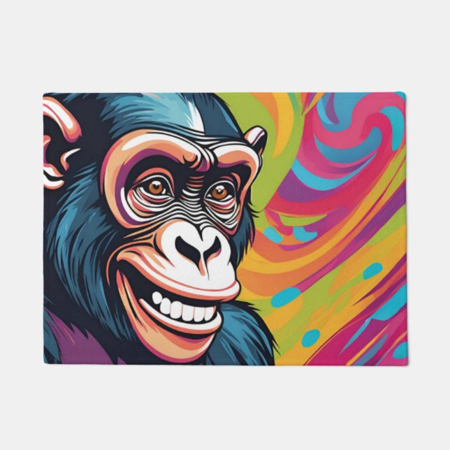 キュート熱狂するチおもしろいンパンジー ドアマット (正面)