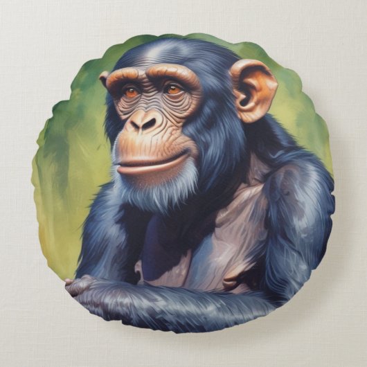 キュート熱狂するチおもしろいンパンジー ラウンドクッション (正面)