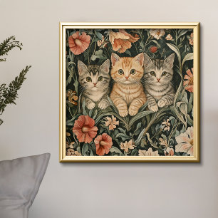 キュート猫ヴィンテージ子猫ウィリアム・モリススタイル フォトプリント