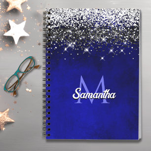 キュート王室のブルー銀フェイクグリッターモノグラム ノートブック