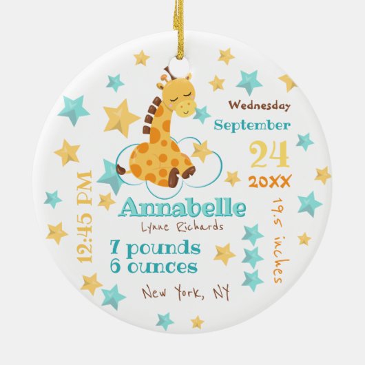 キュート男女兼用キリン星ベビー誕生統計 セラミックオーナメント (裏面)