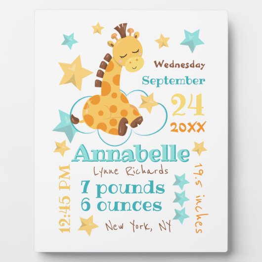 キュート男女兼用キリン星ベビー誕生統計 フォトプラーク (正面)
