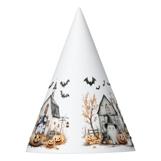 キュート白とオレンジの幽霊と秋の納屋 パーティーハット (正面)