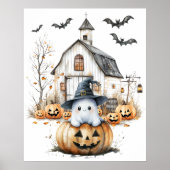 キュート白とオレンジの幽霊と秋の納屋 ポスター (正面)