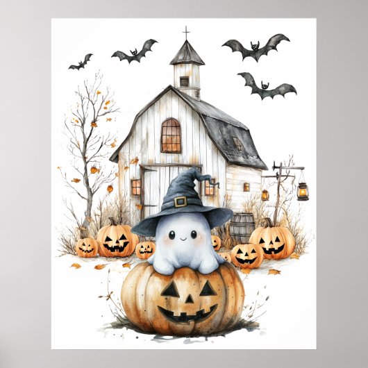 キュート白とオレンジの幽霊と秋の納屋 ポスター (正面)