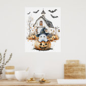 キュート白とオレンジの幽霊と秋の納屋 ポスター (キッチン)