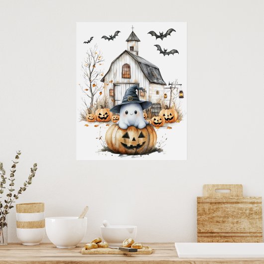キュート白とオレンジの幽霊と秋の納屋 ポスター (キッチン)