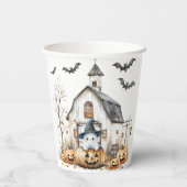 キュート白とオレンジの幽霊と秋の納屋 紙コップ (裏面)