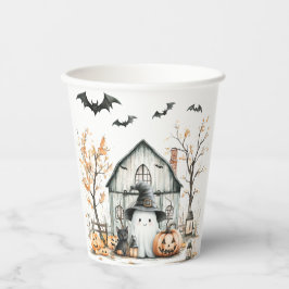 キュート白とオレンジの幽霊と秋の納屋 紙コップ