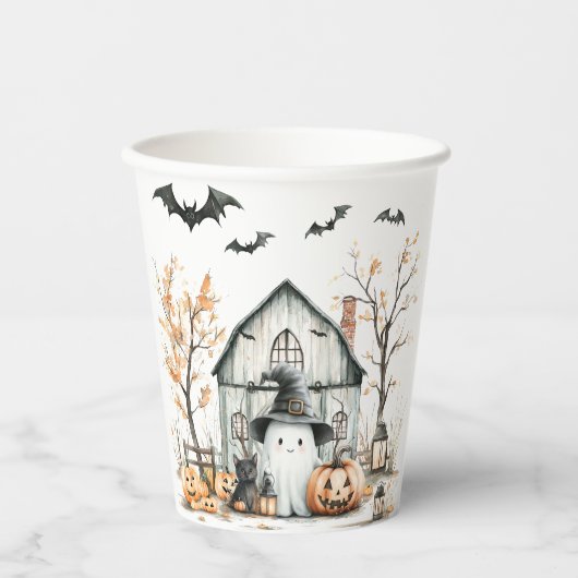 キュート白とオレンジの幽霊と秋の納屋 紙コップ (正面)