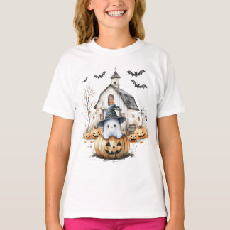 キュート白とオレンジの幽霊と秋の納屋 Tシャツ