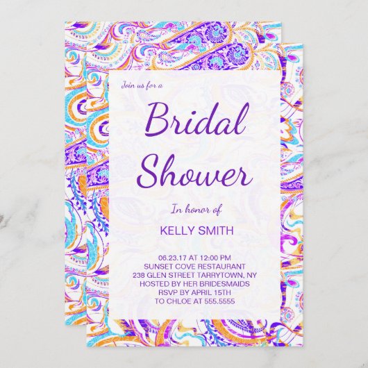キュート白カラフルペイズリーデザインブライダルシャワー 招待状 (正面/裏面)