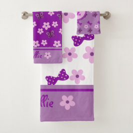 キュート白パープルピンクフローラバタフライボウキッド バスタオルセット