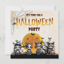 キュート白黒ストライプのハロウィーン幽霊子猫 招待状