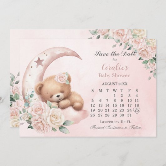 キュート眠るクマの月の赤面フローラ赤ちゃんシャワー セーブザデート (正面/裏面)