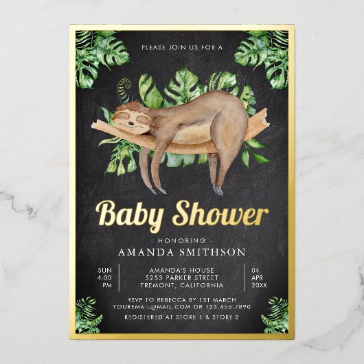 キュート眠るスロスチョークボードベビーシャワー金ゴールド 箔招待状 (正面)