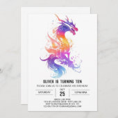 キュート神話ドラゴンウォーターカラー誕生日 招待状 (正面/裏面)