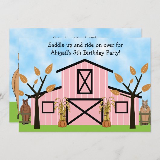 キュート秋の馬とピンクバーンホース誕生日 招待状 (正面/裏面)