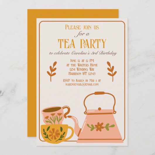 キュート秋ティーパーティー誕生日 招待状 (正面/裏面)