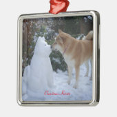 キュート秋田キスをする雪だるま秋田季節 メタルオーナメント (左)