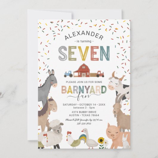 キュート納屋周囲の庭ファーム7位誕生日招待状 招待状 (正面)