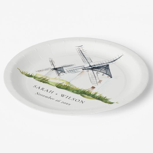 キュート素朴ウォーターカラーウィンドミルファームテーマ結婚ズ ペーパープレート (アングル)