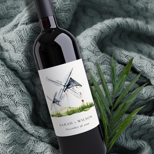 キュート素朴ウォーターカラーウィンドミルファームテーマ結婚ズ ワインラベル