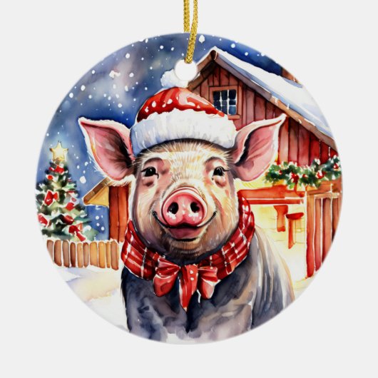 キュート素朴クリスマスピッグとバパーソナライズされたーン セラミックオーナメント (正面)