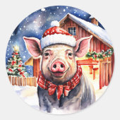 キュート素朴クリスマスピッグと納屋ラージ ラウンドシール (正面)