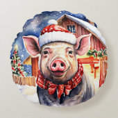キュート素朴クリスマスピッグと納屋 ラウンドクッション (正面)