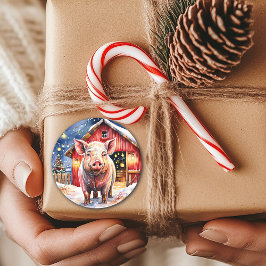 キュート素朴クリスマスピッグと納屋 ラウンドシール