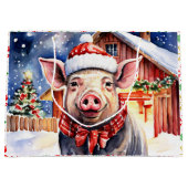 キュート素朴クリスマスピッグと納屋 ラージペーパーバッグ (正面)