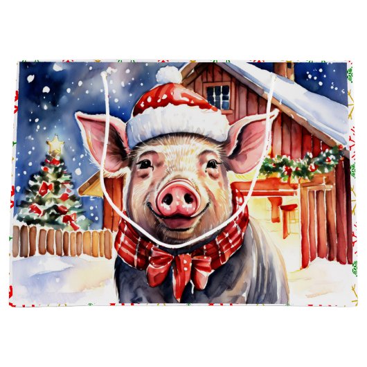 キュート素朴クリスマスピッグと納屋 ラージペーパーバッグ (正面)