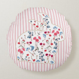 キュート素朴フラワーイースターバニーピンクストライプ色 ラウンドクッション