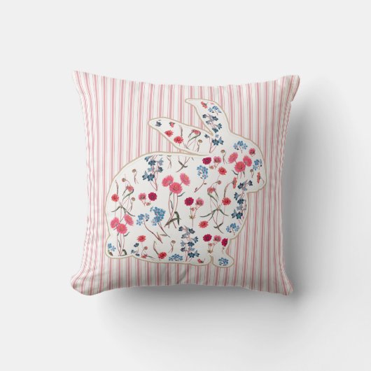 キュート素朴フラワーイースターラビットピンクストライプ色 クッション (正面)