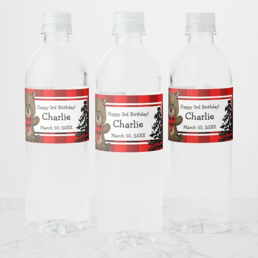 キュート素朴ブラウンベアーバッファロープレイド3回目の誕生日 ペットボトルラベル (ボトル)