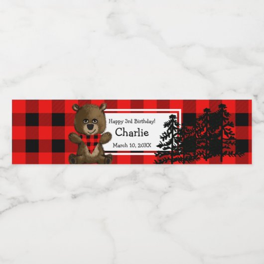 キュート素朴ブラウンベアーバッファロープレイド3回目の誕生日 ペットボトルラベル (シングルラベル)