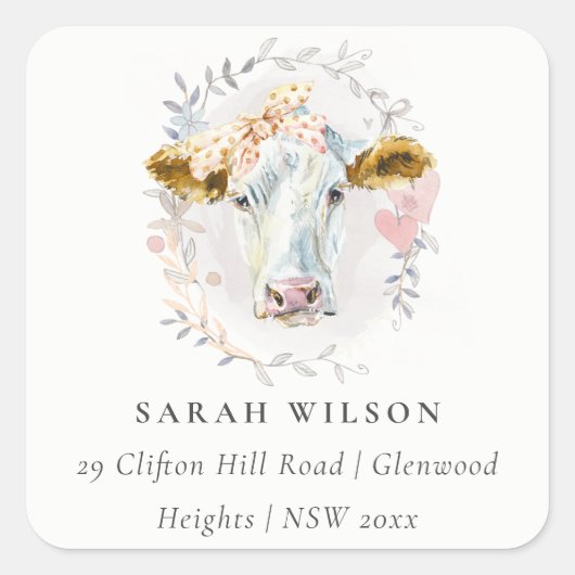 キュート素朴ホーリーカウファームフローラリースアドレス スクエアシール (正面)