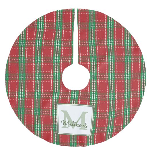 キュート素朴レッドタータンチェックプレイドホリデーファミリー名 ブラッシュドポリエステルツリースカート (正面)