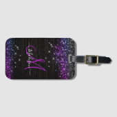 キュート紫ブラックフェイクグリッターモノグラム ラゲッジタグ (正面横)