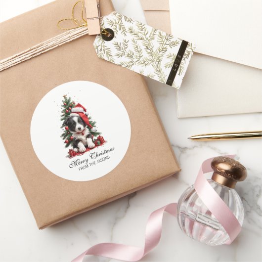 キュート縁どコリークリスマスの子犬パーソナライズされた ラウンドシール (ギフト)