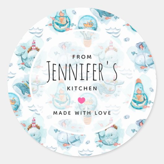 キュート航海のクジラ水彩柄キッチン ラウンドシール (正面)