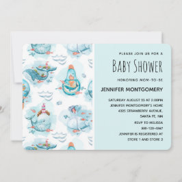 キュート航海のクジラ水彩模様シャワー 招待状
