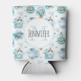 キュート航海のクジラ水彩模様モノグラム 缶クーラー