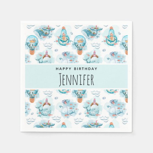 キュート航海のクジラ水彩模様誕生日 スタンダードカクテルナプキン (正面)