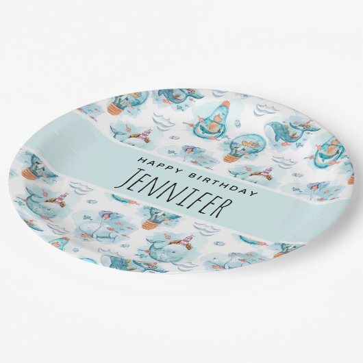 キュート航海のクジラ水彩模様誕生日 ペーパープレート (アングル)