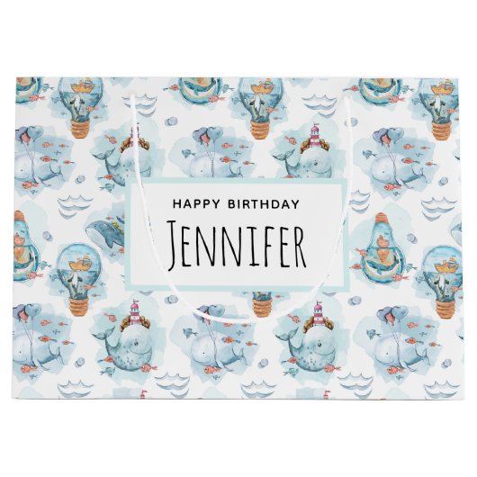 キュート航海のクジラ水彩模様誕生日 ラージペーパーバッグ (正面)